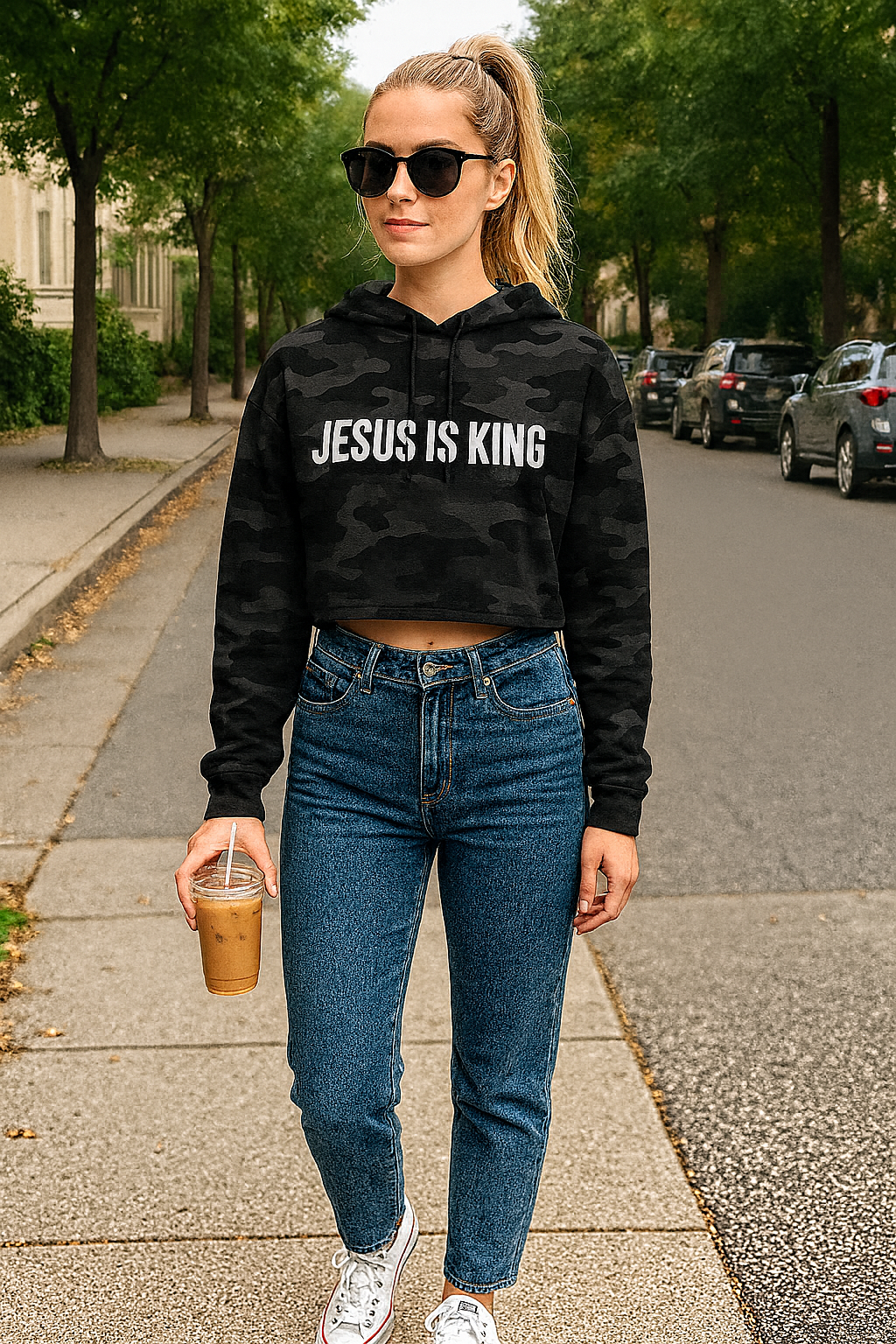 Camo Jesus Is King Cropped Hoodie