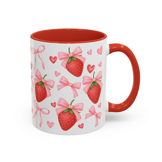 Strawberry Bow Coquette Accent Coffee Mug — 11/15oz Cute Café Aesthetic
