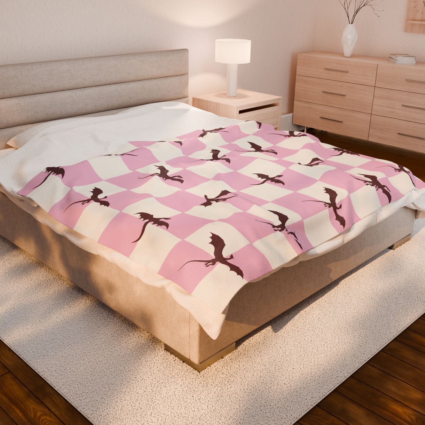 Dragon Fantasy Checkered Velveteen Plush Blanket - Pink