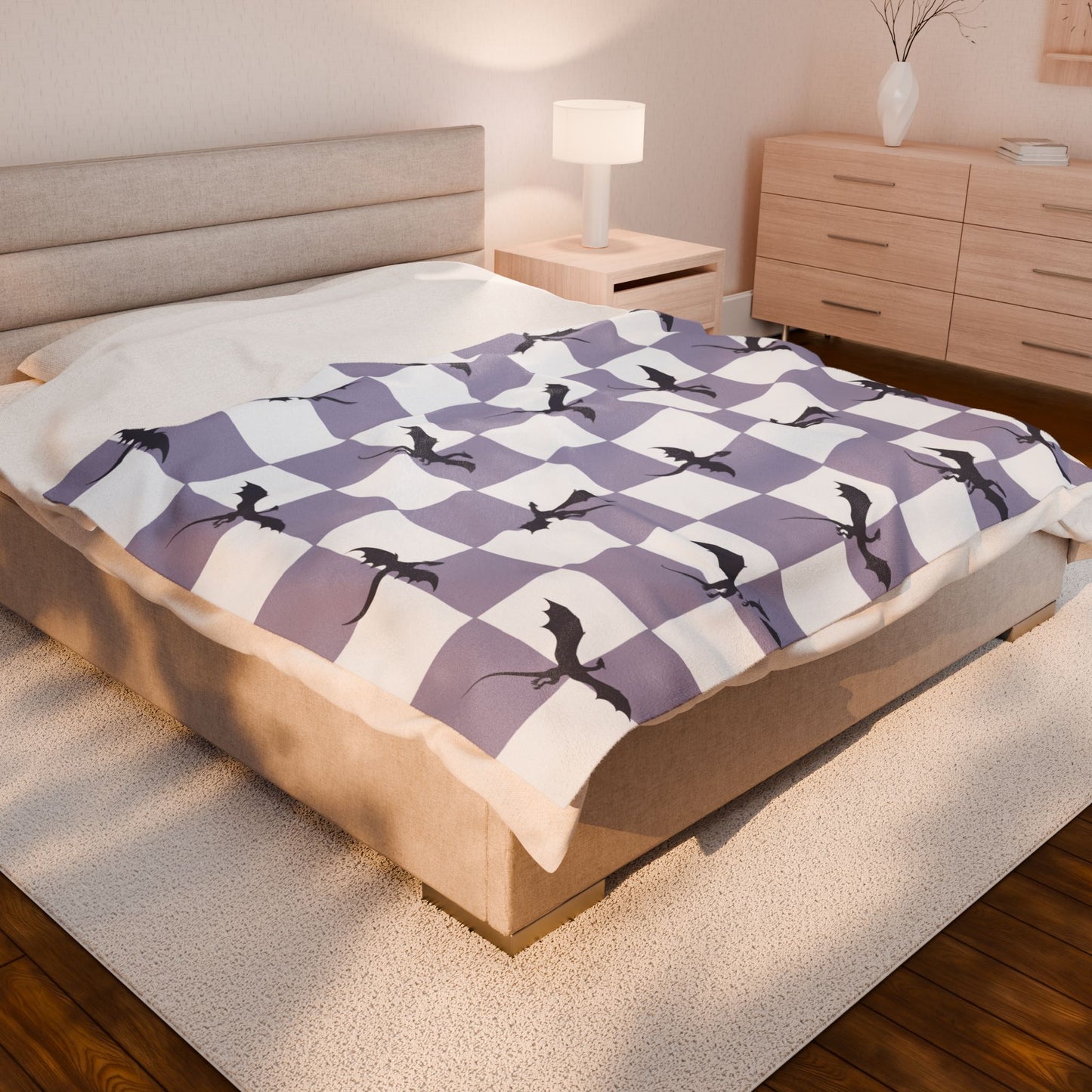 Dragon Fantasy Checkered Velveteen Plush Blanket - Lavender