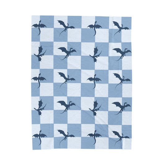 Dragon Fantasy Checkered Velveteen Plush Blanket - Blue