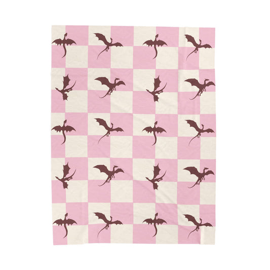Dragon Fantasy Checkered Velveteen Plush Blanket - Pink