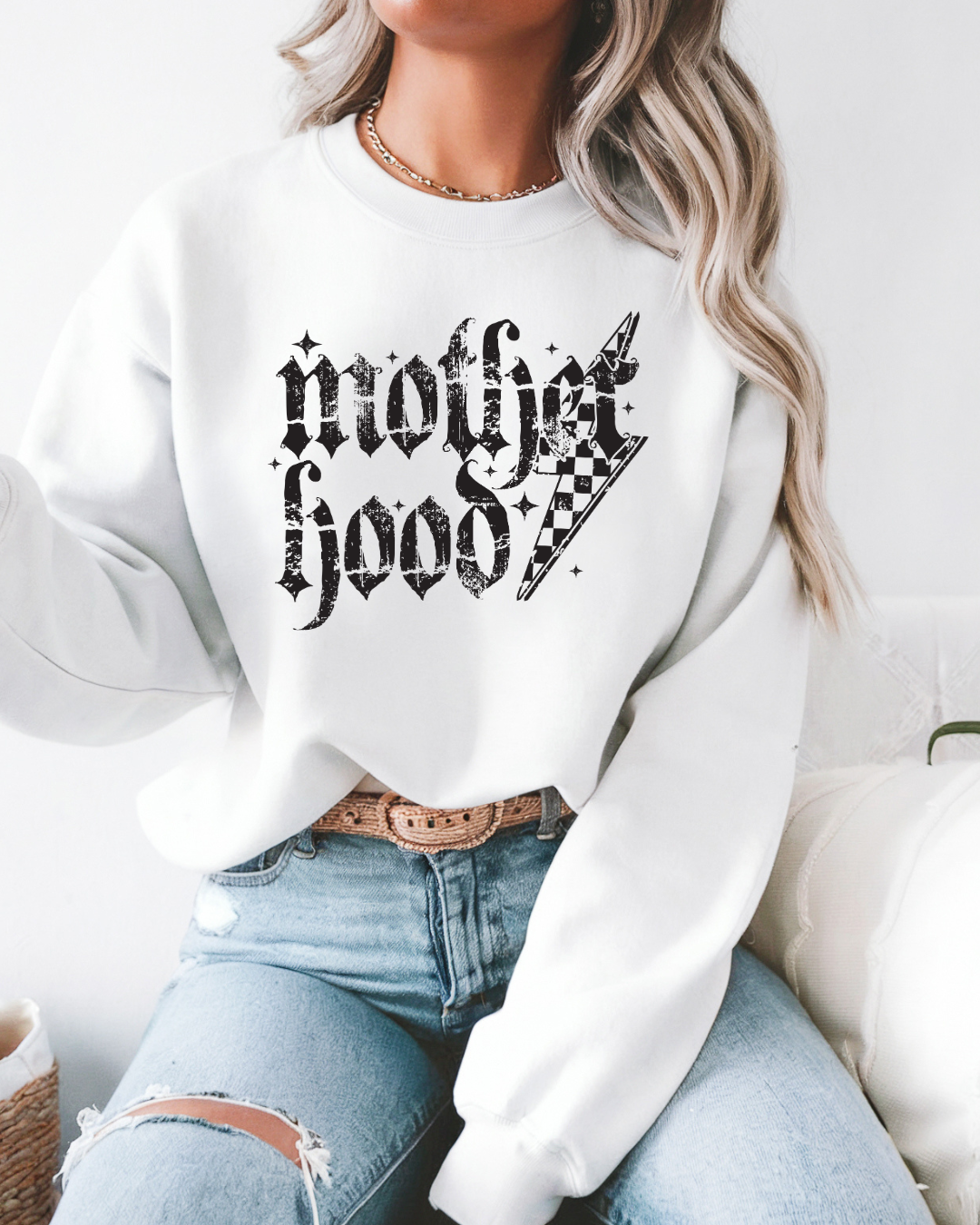 Motherhood Grunge Sweatshirt, Checkered Lightning Bolt, Gift for Moms, Edgy Pullover, Mom Life Jumper, Cool Graphic Sweater
