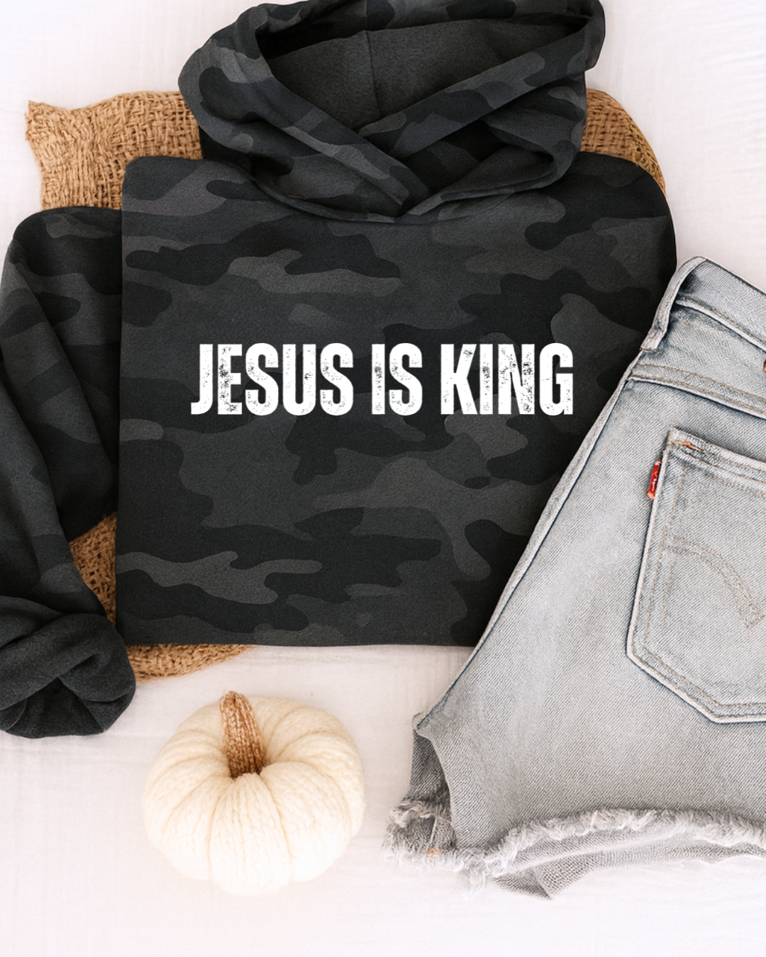 Camo Jesus Is King Cropped Hoodie