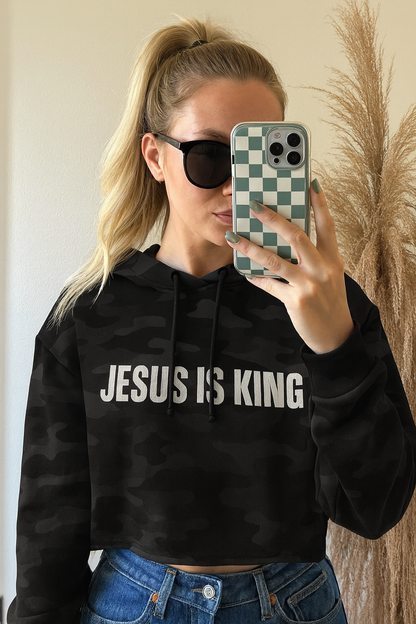 Camo Jesus Is King Cropped Hoodie