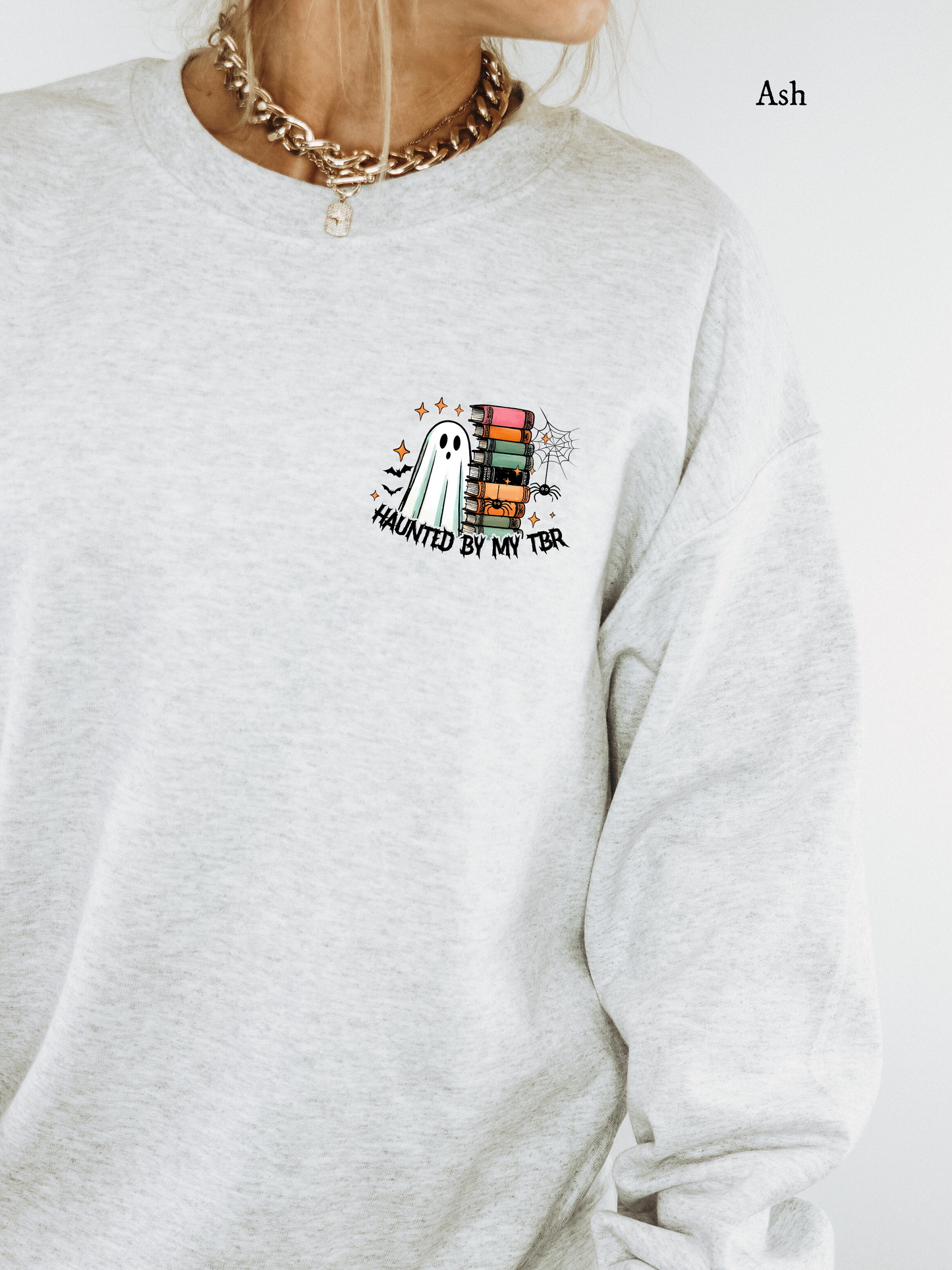 Haunted by My TBR (Gildan) Sweatshirt | Cozy Fall Apparel for Book Lovers, Halloween Gift, Reading Sweatshirt, Ghost Print, Unisex Crewneck