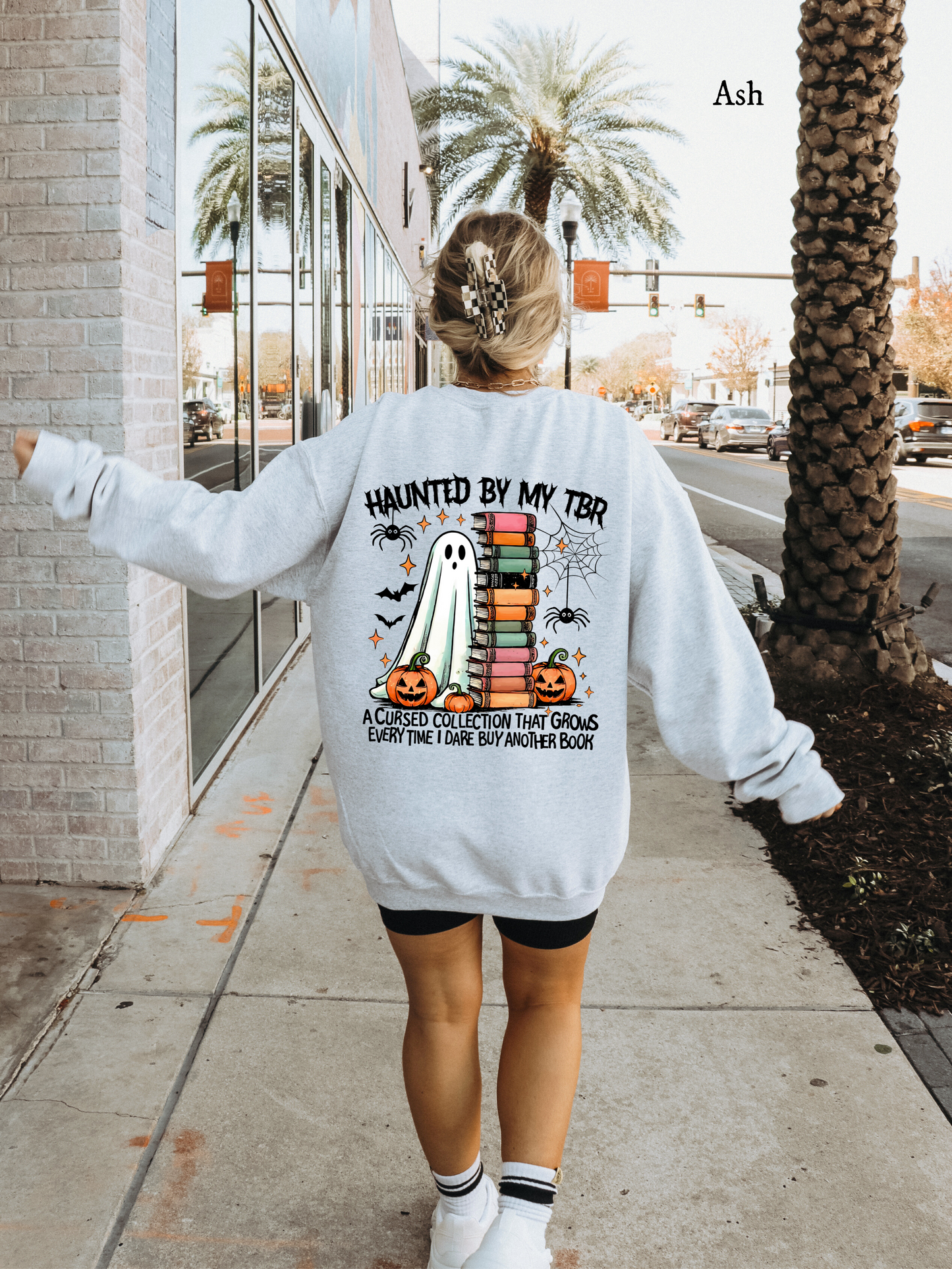 Haunted by My TBR (Gildan) Sweatshirt | Cozy Fall Apparel for Book Lovers, Halloween Gift, Reading Sweatshirt, Ghost Print, Unisex Crewneck