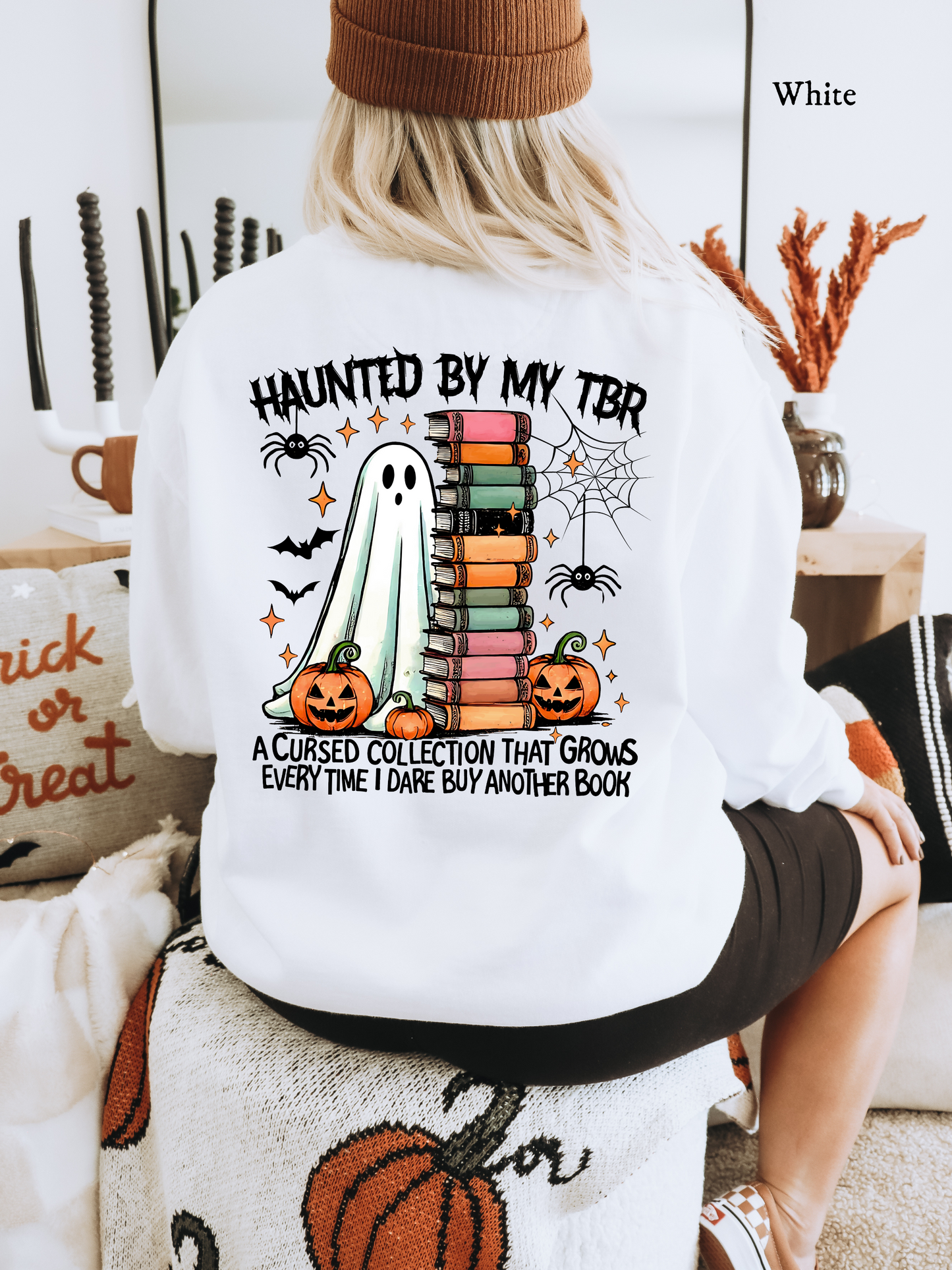 Haunted by My TBR (Gildan) Sweatshirt | Cozy Fall Apparel for Book Lovers, Halloween Gift, Reading Sweatshirt, Ghost Print, Unisex Crewneck