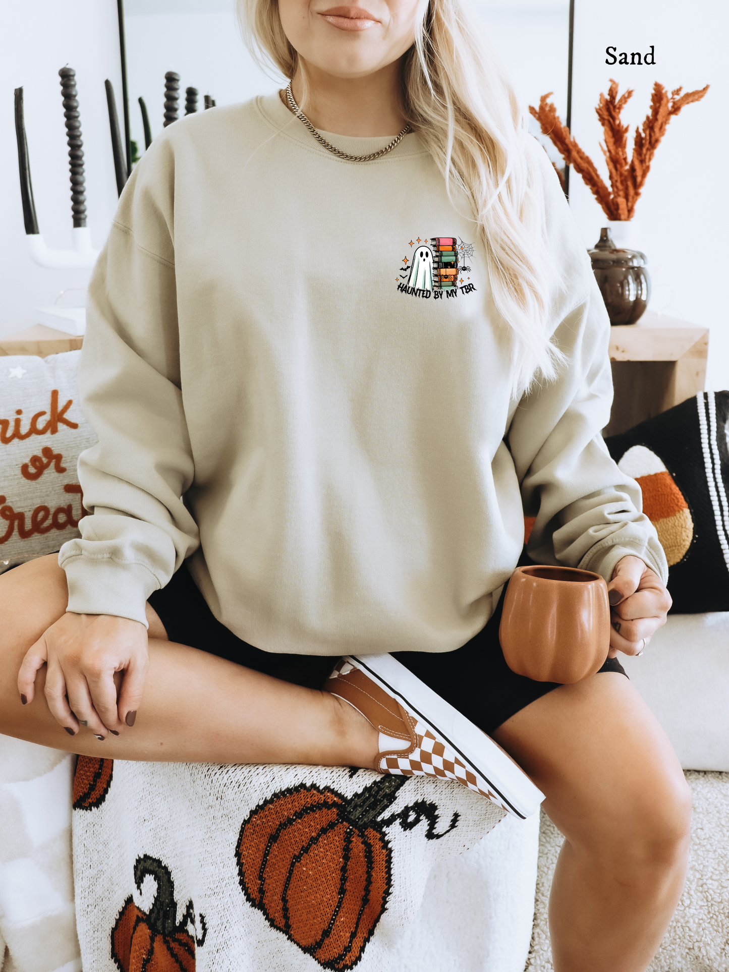 Haunted by My TBR (Gildan) Sweatshirt | Cozy Fall Apparel for Book Lovers, Halloween Gift, Reading Sweatshirt, Ghost Print, Unisex Crewneck