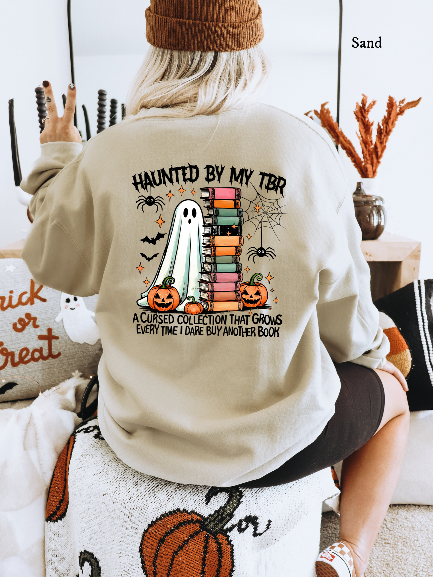Haunted by My TBR (Gildan) Sweatshirt | Cozy Fall Apparel for Book Lovers, Halloween Gift, Reading Sweatshirt, Ghost Print, Unisex Crewneck