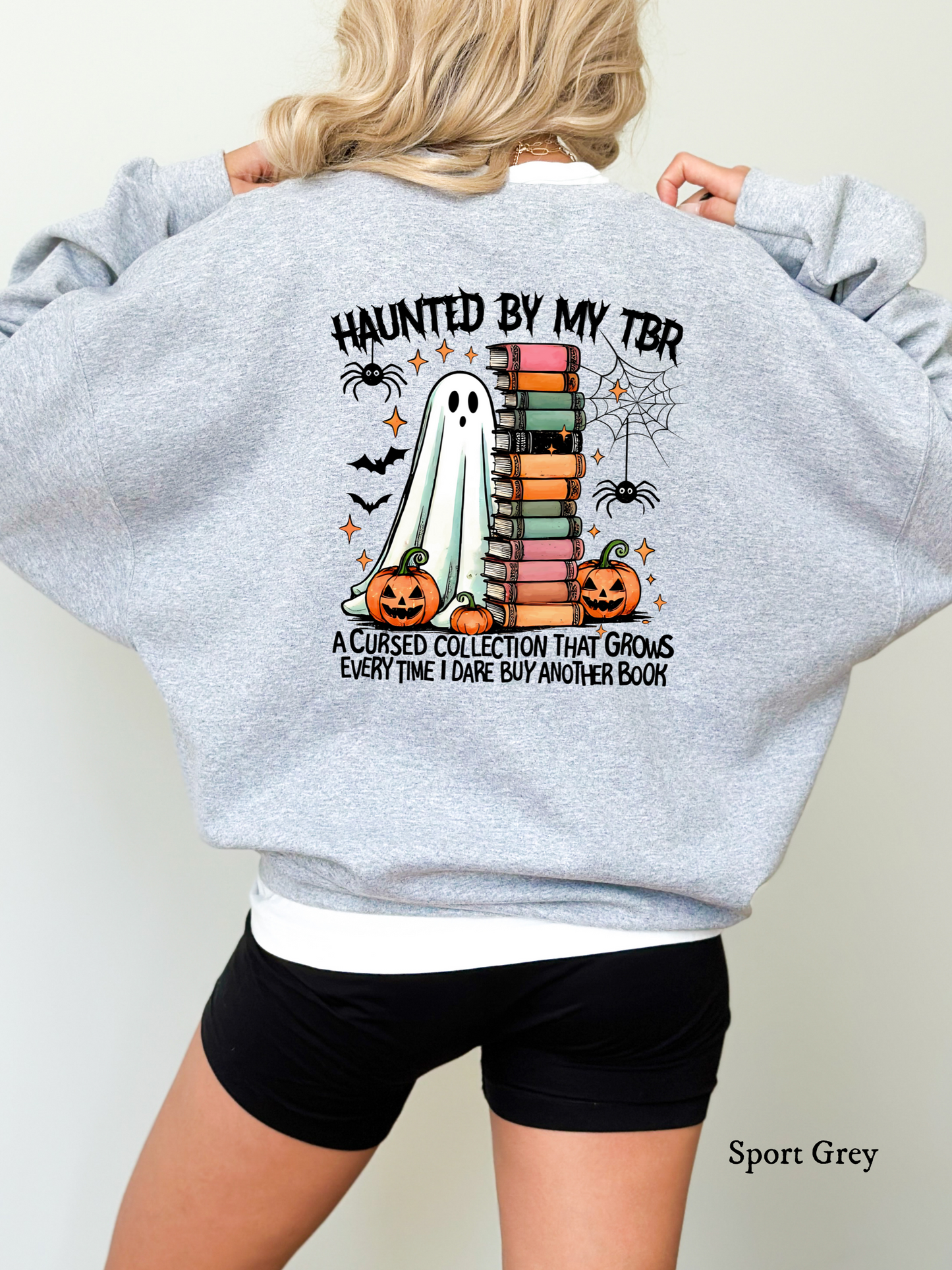 Haunted by My TBR (Gildan) Sweatshirt | Cozy Fall Apparel for Book Lovers, Halloween Gift, Reading Sweatshirt, Ghost Print, Unisex Crewneck