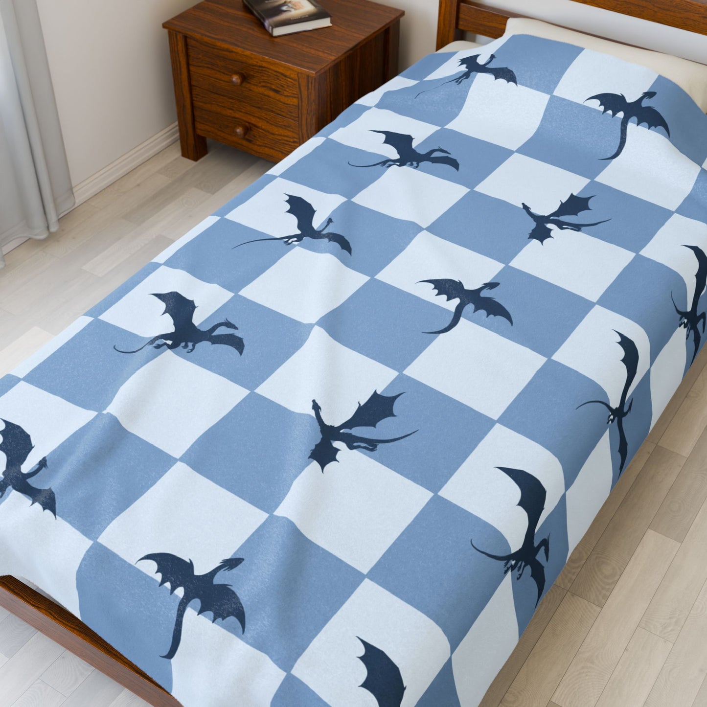 Dragon Fantasy Checkered Velveteen Plush Blanket - Blue