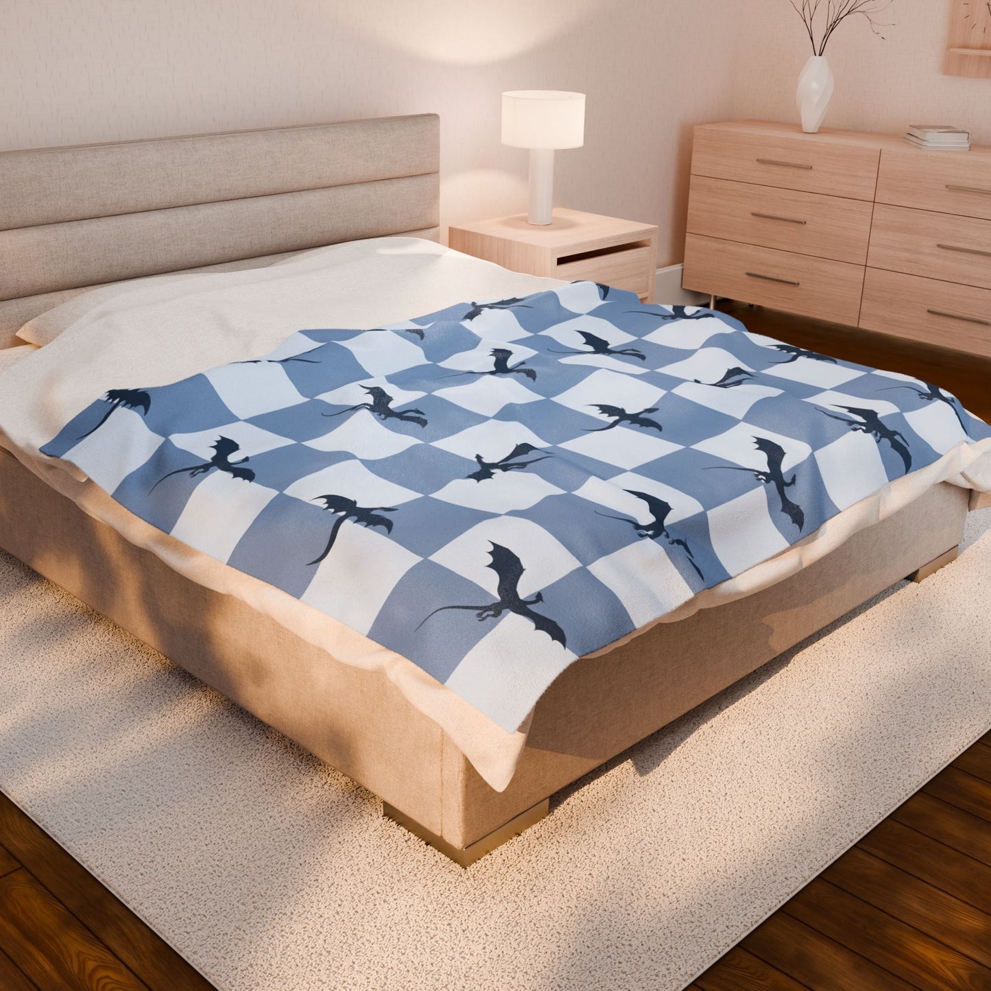 Dragon Fantasy Checkered Velveteen Plush Blanket - Blue