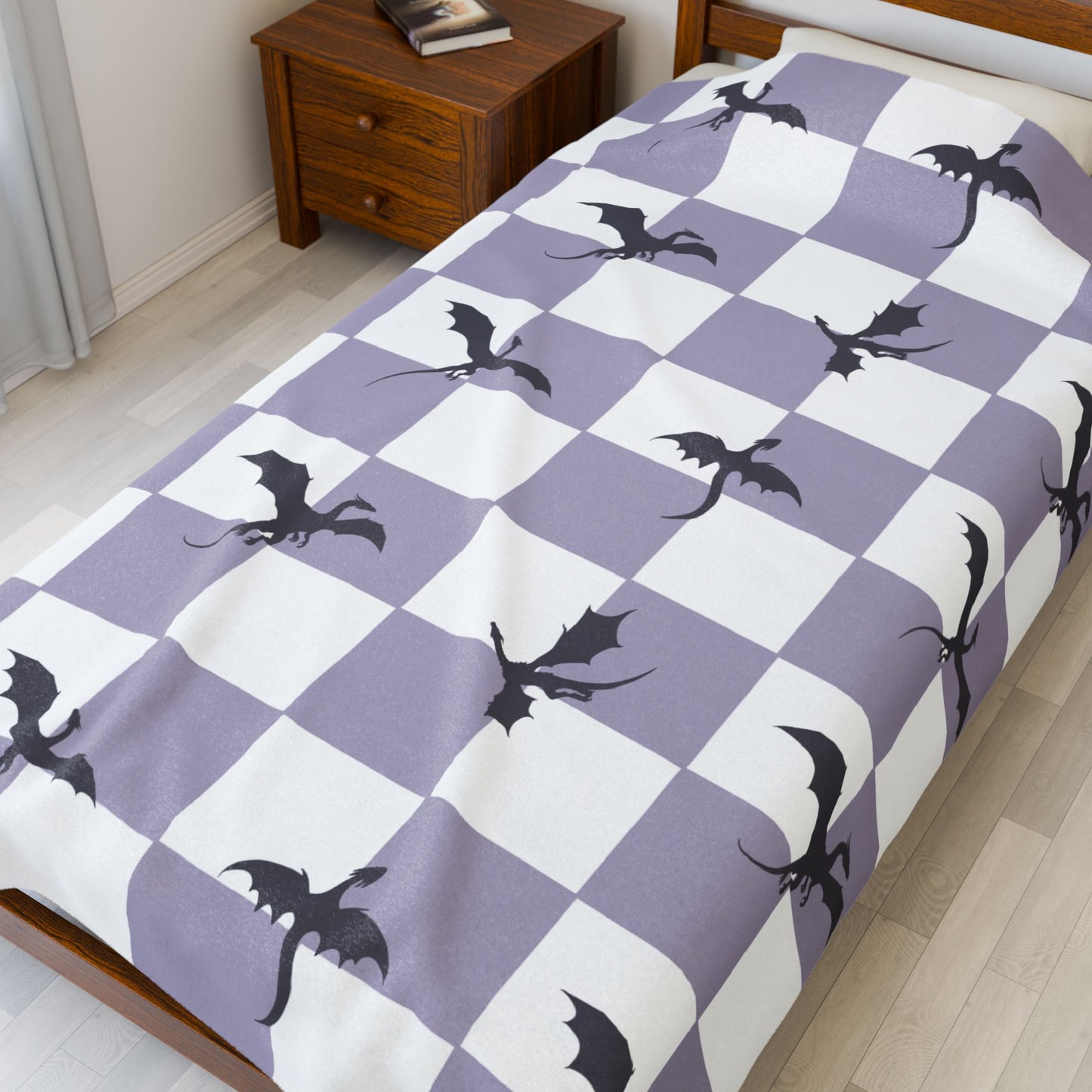 Dragon Fantasy Checkered Velveteen Plush Blanket - Lavender