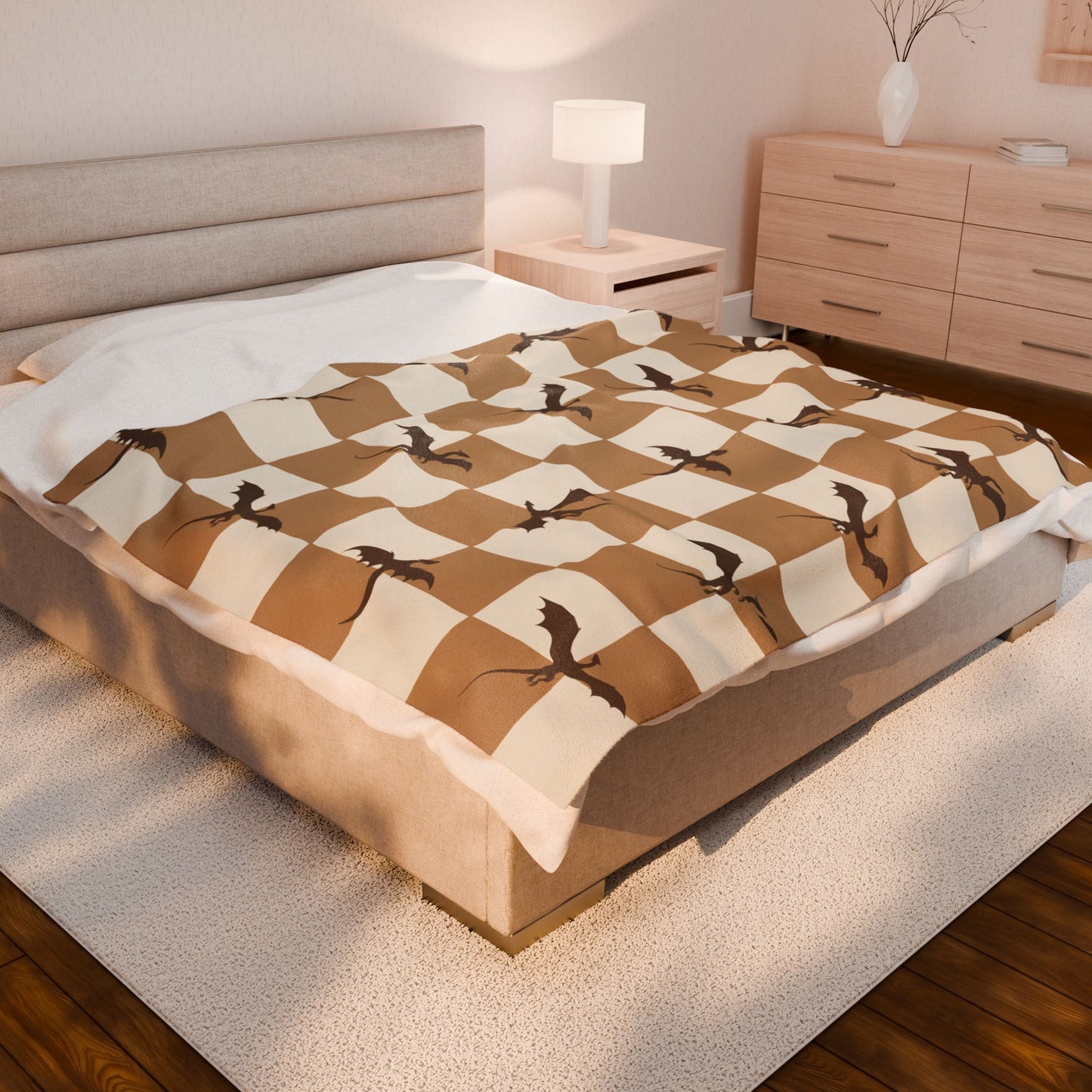 Dragon Fantasy Checkered Velveteen Plush Blanket - Camel
