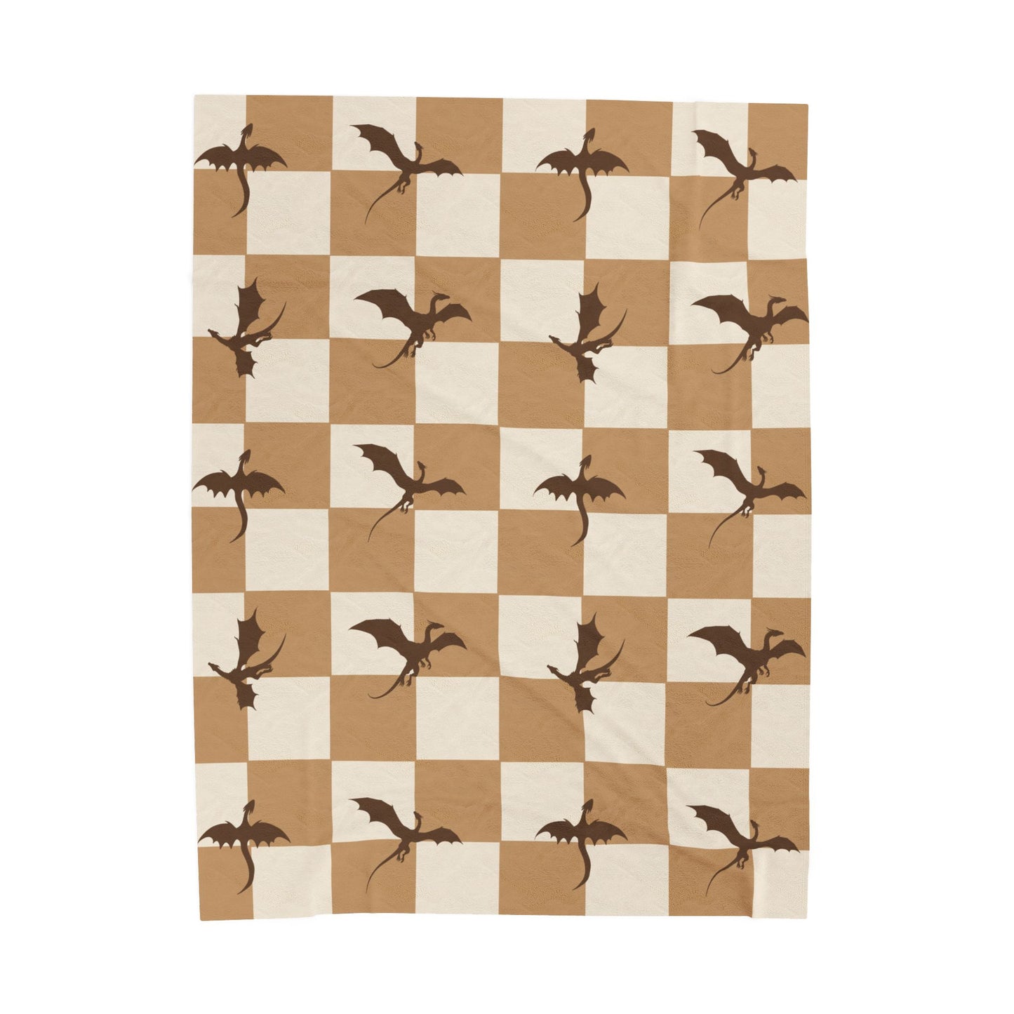 Dragon Fantasy Checkered Velveteen Plush Blanket - Camel