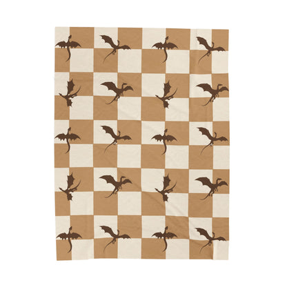 Dragon Fantasy Checkered Velveteen Plush Blanket - Camel