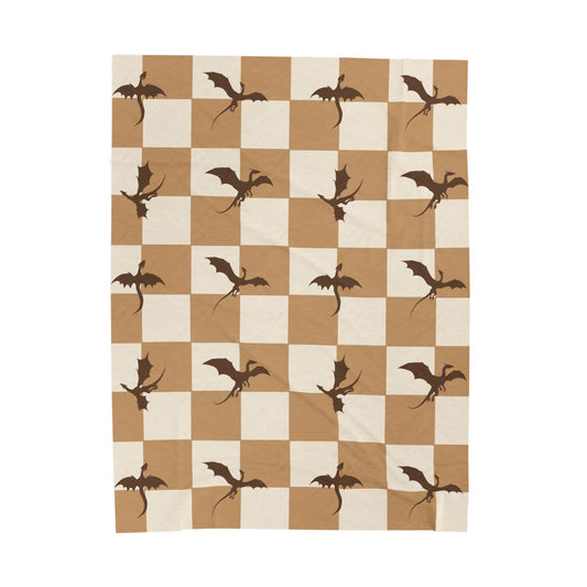 Dragon Fantasy Checkered Velveteen Plush Blanket - Camel